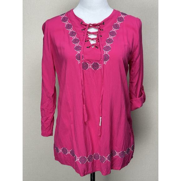 Est 1946 Boho Women’s Blouse Sz Small Cottage Core Pink Rayon Lace Up Neck - Picture 1 of 12